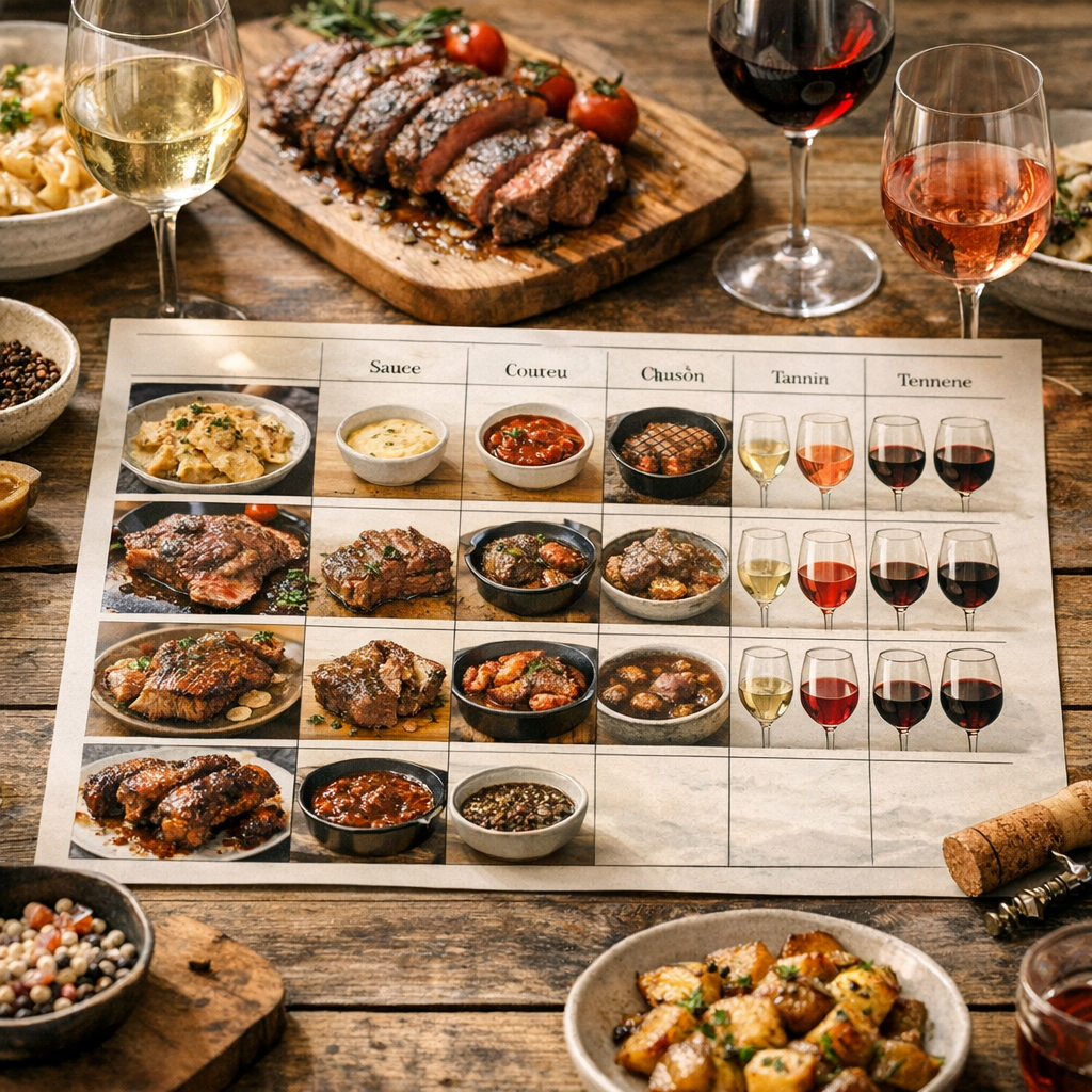 Le tableau que je regarde vraiment : quel vin selon la sauce, la cuisson et le niveau de tannin