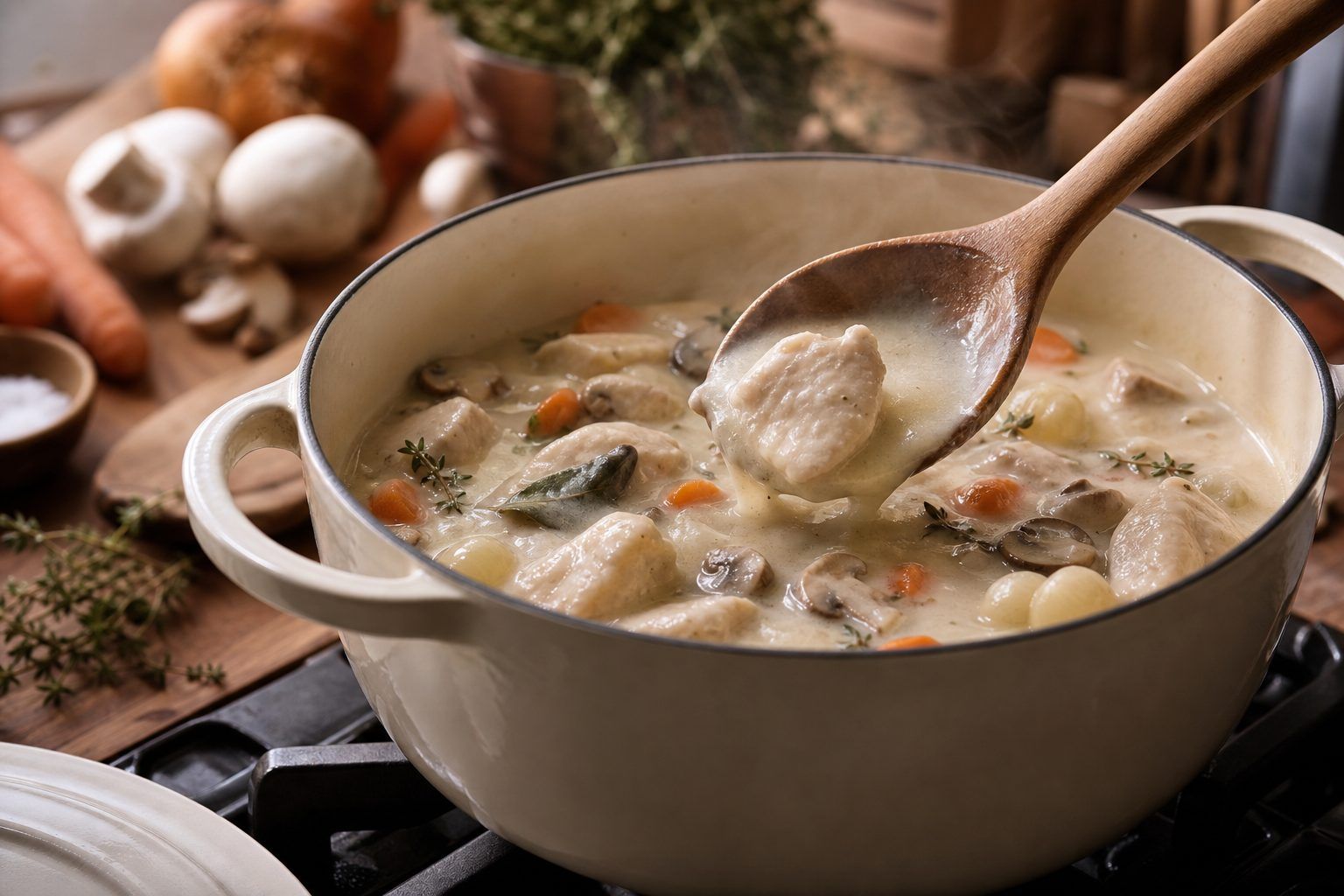 Préparation en cocotte : le bouillon mijote, la sauce nappe