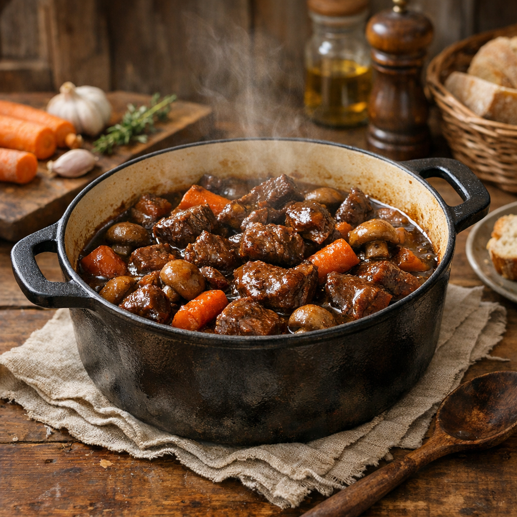Boeuf bourguignon sans vin : recette fondante et sauce nappée