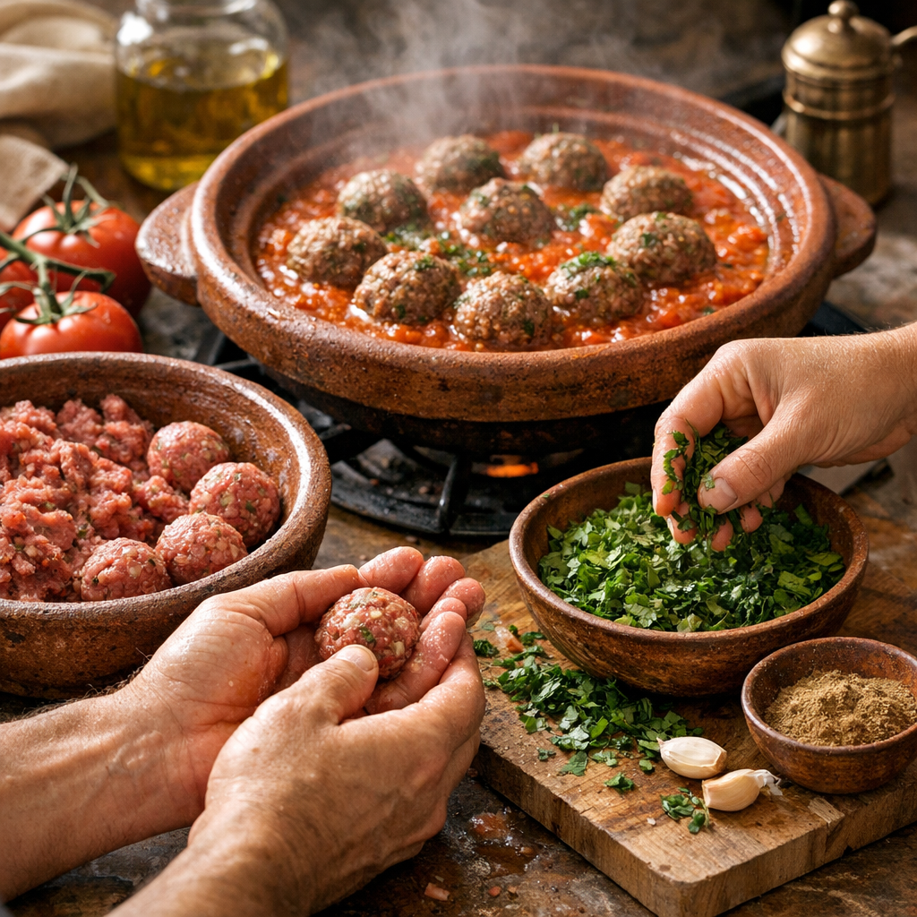 Les gestes qui donnent le goût juste : former la kefta, herber, puis laisser la tomate faire le travail