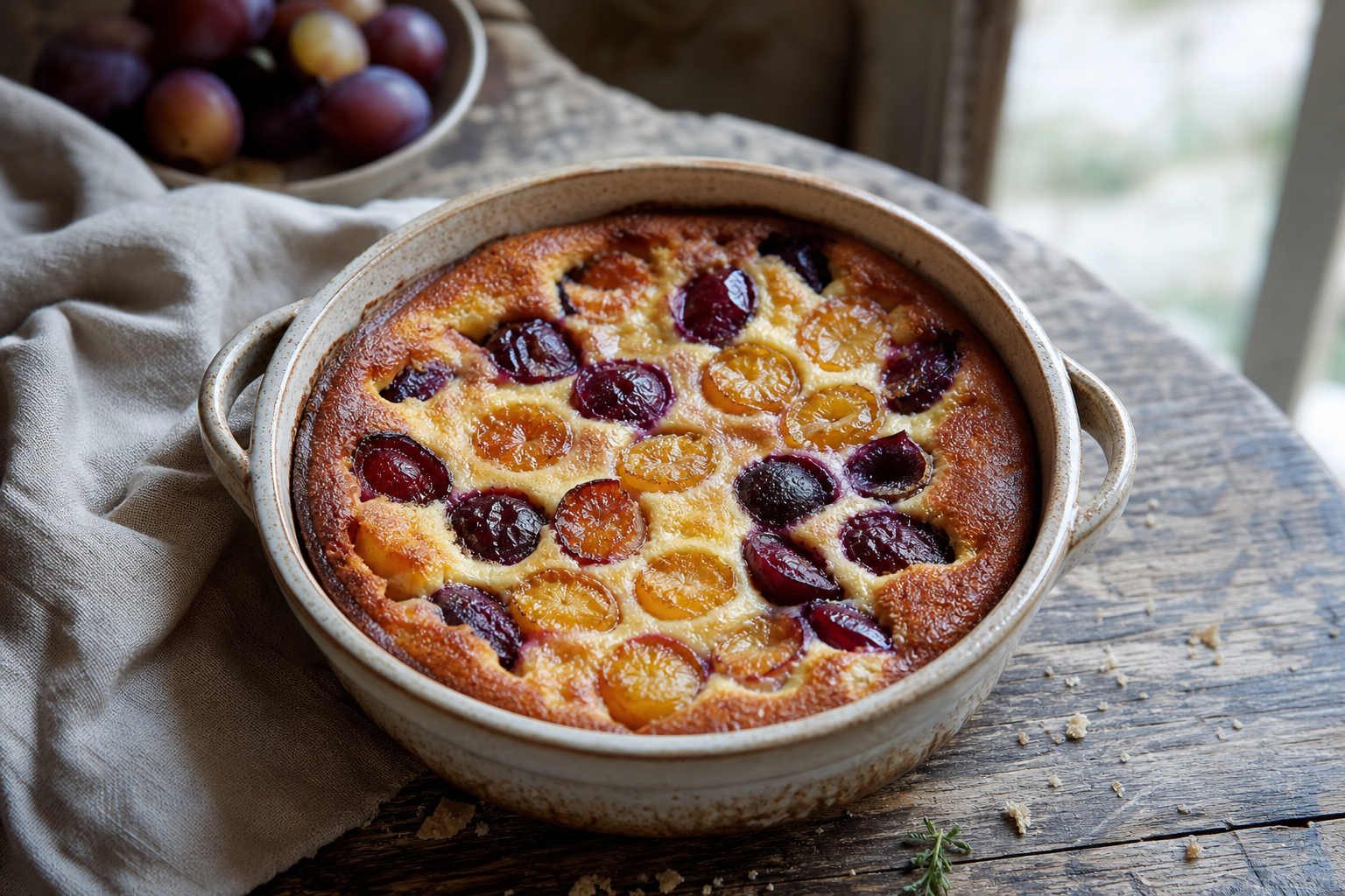 Le clafoutis aux prunes de grand-mère garde les fruits fondants