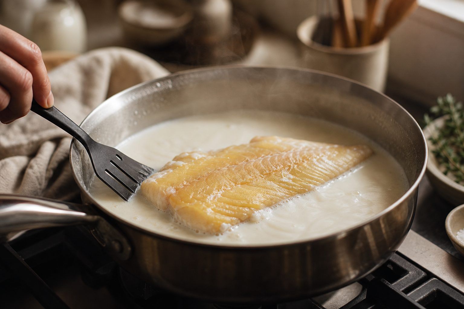 Faire pocher du haddock dans du lait, sans le brusquer