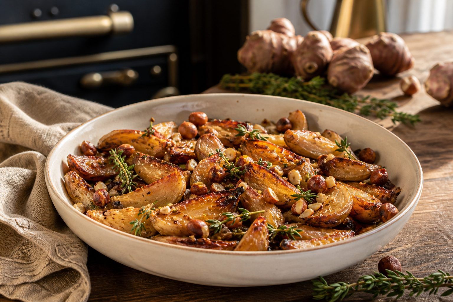 Ma recette de topinambours rôtis au four, thym et noisettes