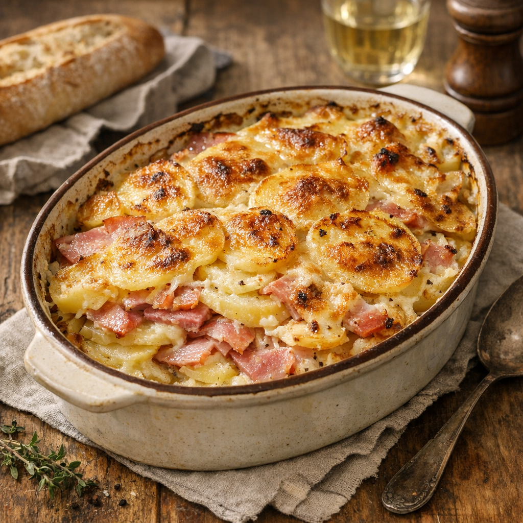 Je prépare un Gratin de Pommes de Terre au Jambon vraiment juste