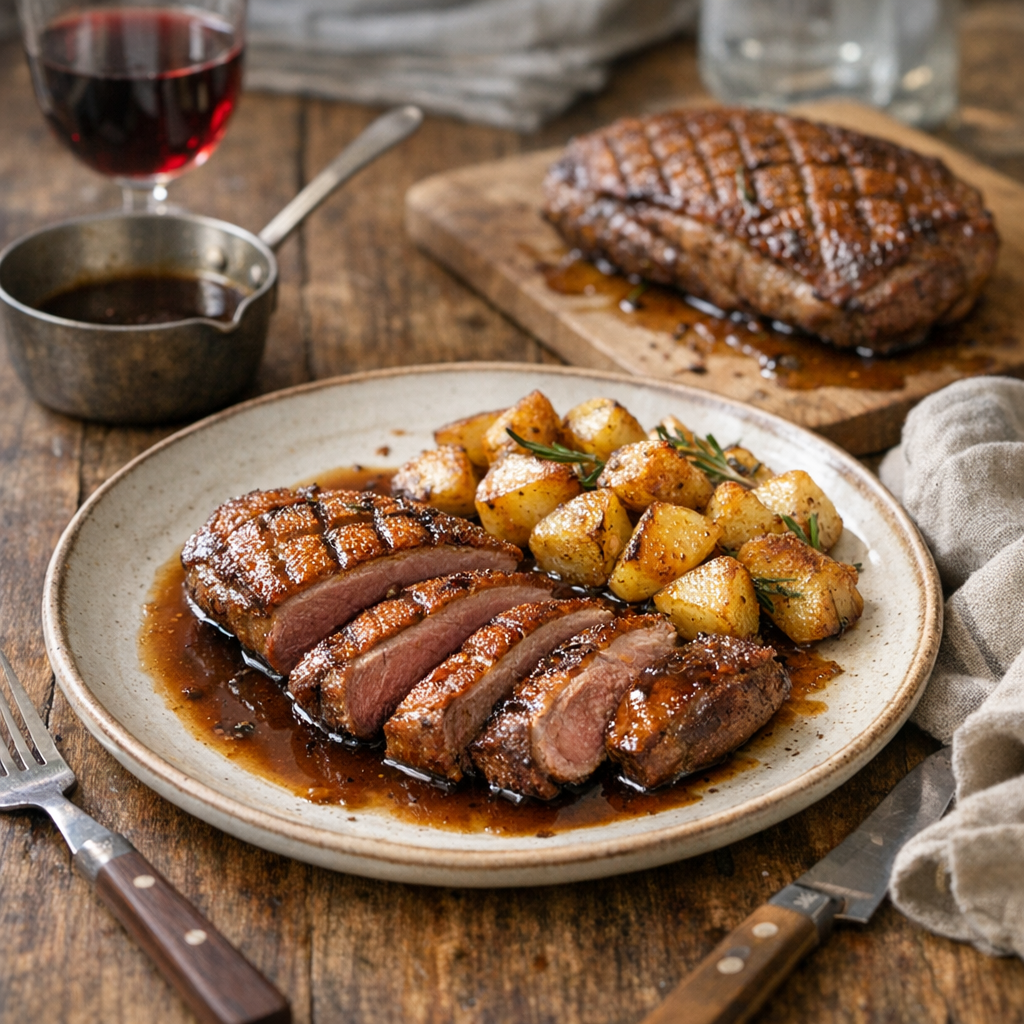 Ma recette du dimanche : magret de canard au four, jus court et pommes de terre rôties