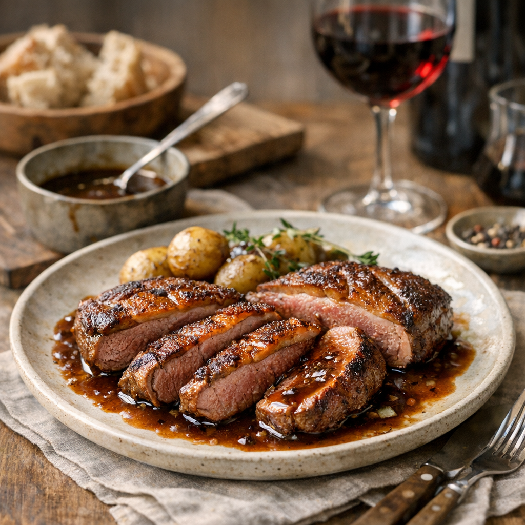 Ma recette de magret canard du dimanche : sauce courte, chair juteuse et vin qui se livre