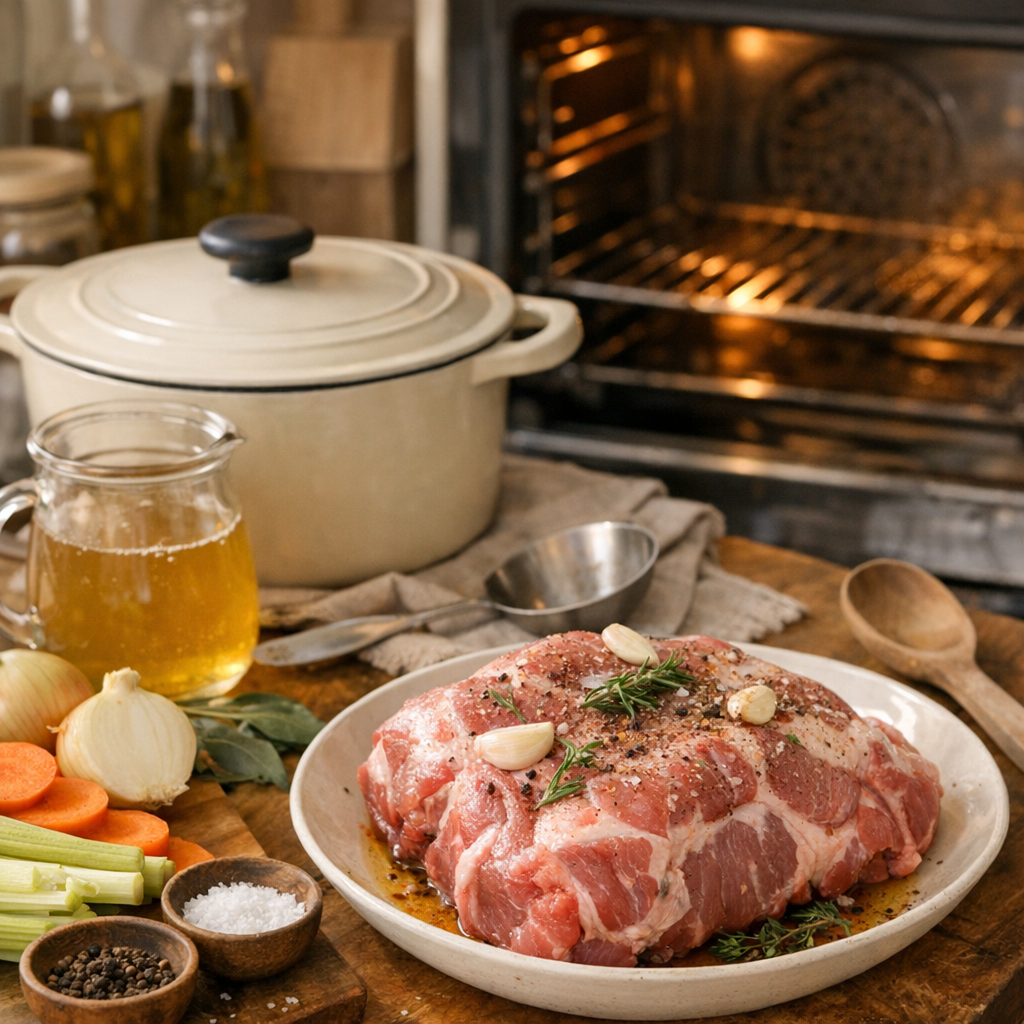 Ingrédients et logique de cuisson : cocotte, four doux, bouillon