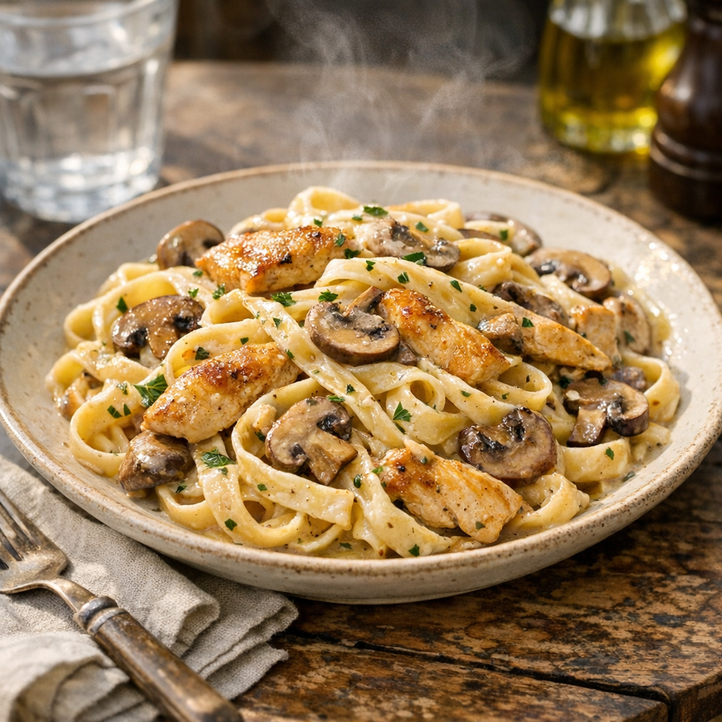 Je réussis des Pâtes au poulet et champignons bien crémeuses