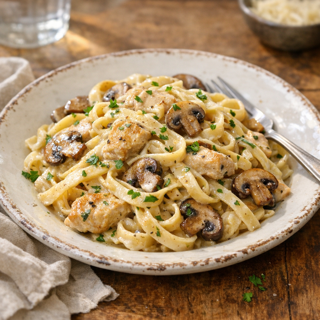 Je prépare des Pâtes au poulet et champignons qui nappent juste