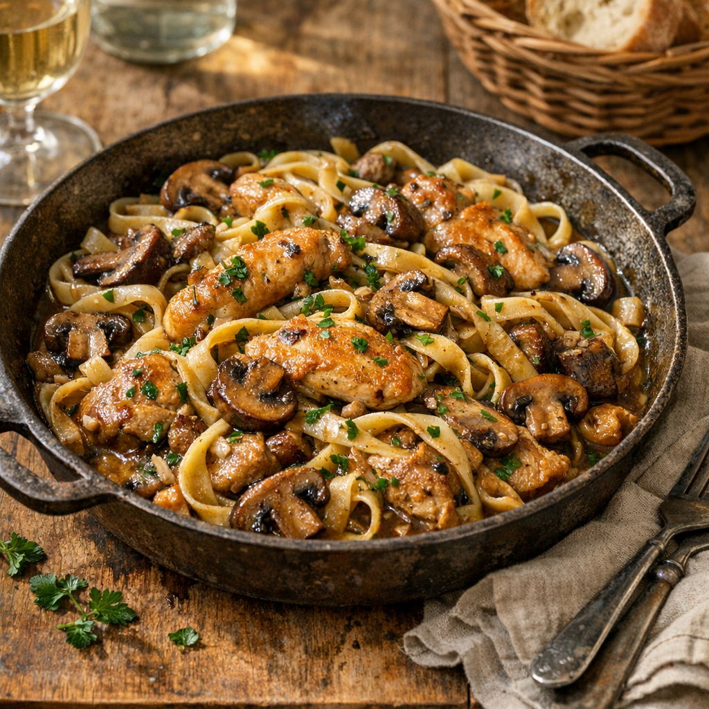 Mes Pâtes au poulet et champignons gagnent sans trop de crème