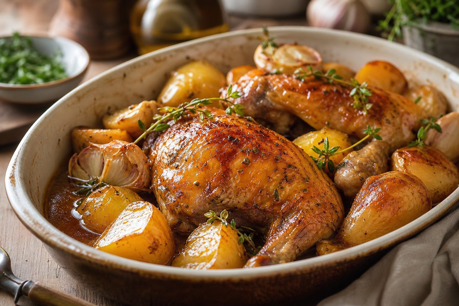 Pommes de terre fondantes, jus court et sauce qui nappe