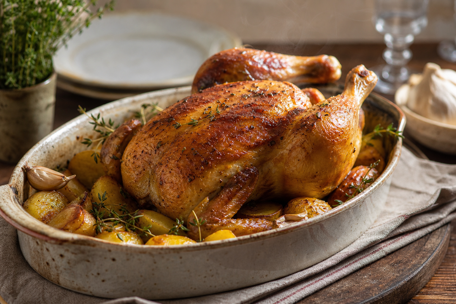 Le poulet rôti au four garde sa peau croustillante et sa chair tendre