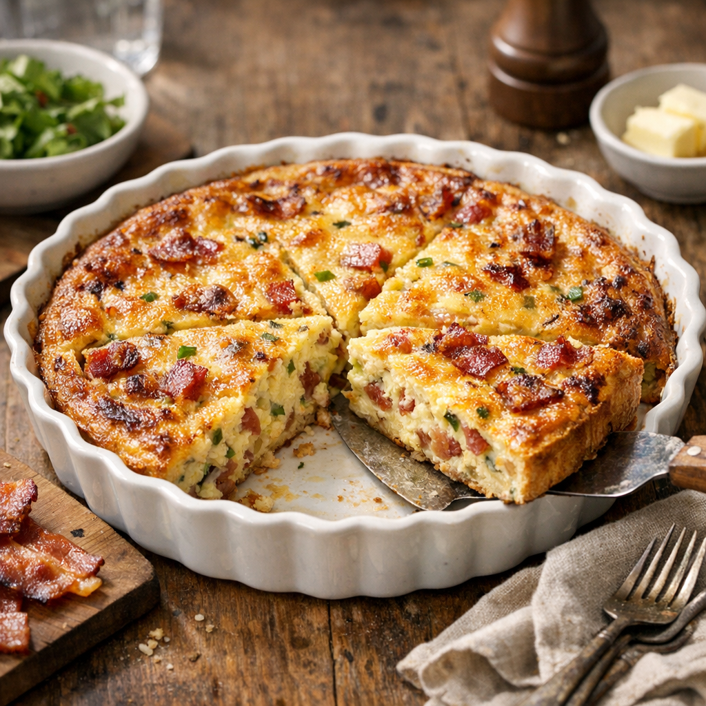 Je vous montre une Quiche sans pâte aux lardons bien tenue