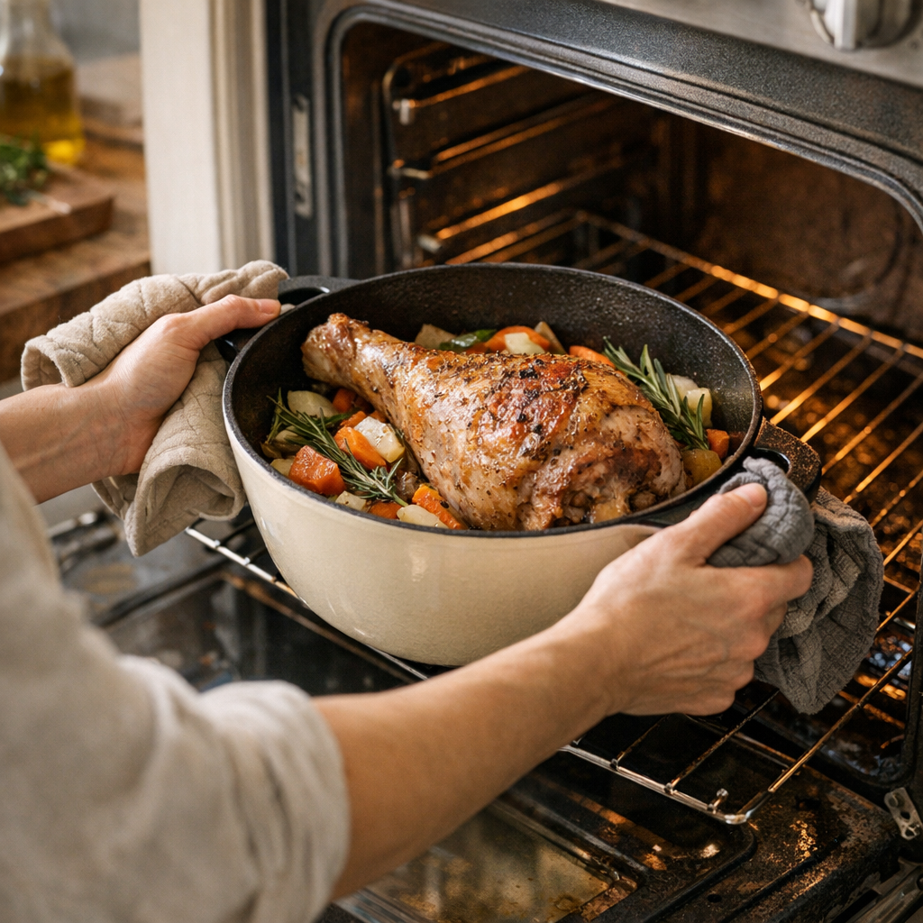 Étapes de la recette : cocotte douce ou cocotte en fonte au four selon la pièce