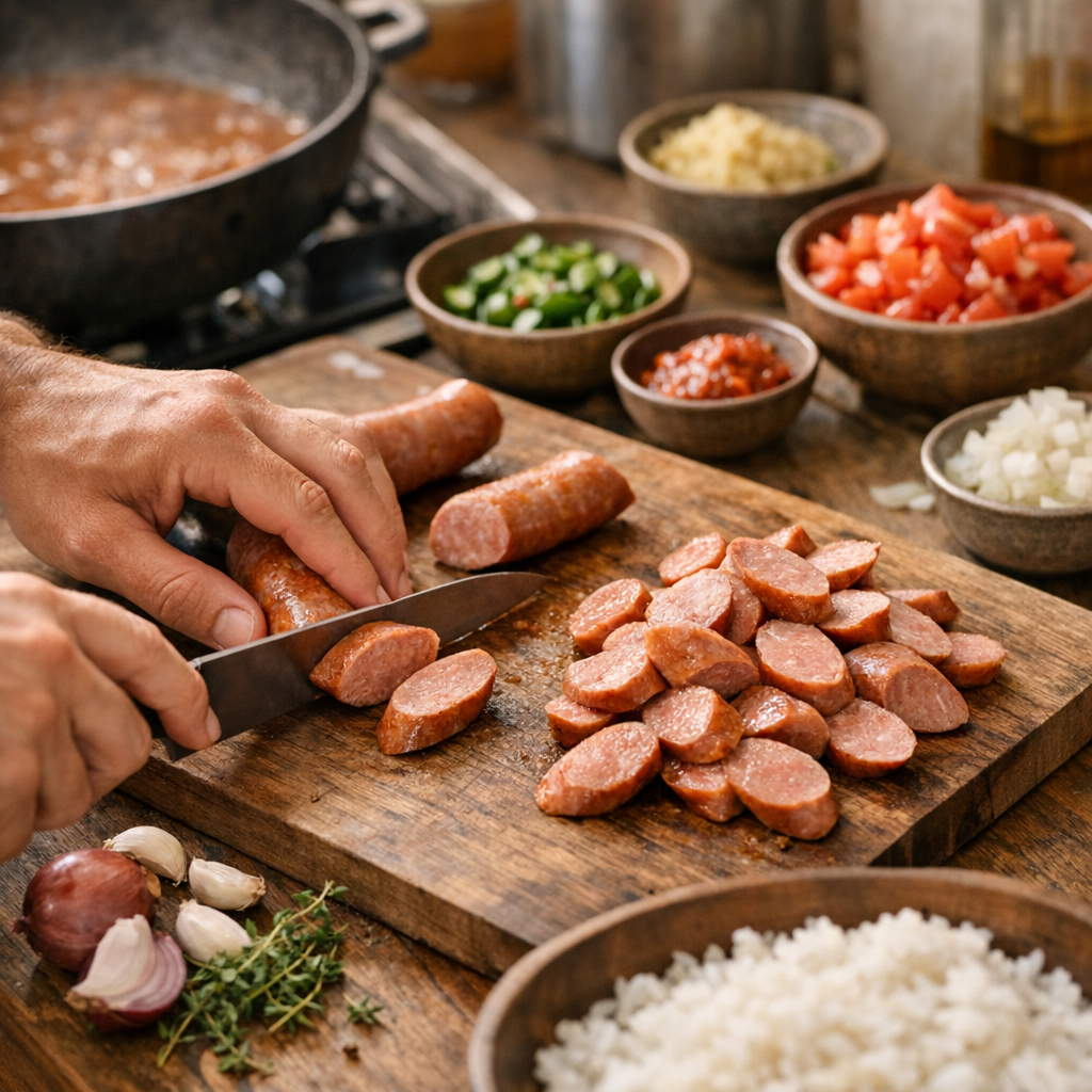 Préparation : pourquoi couper les saucisses en biseau change vraiment le rougail