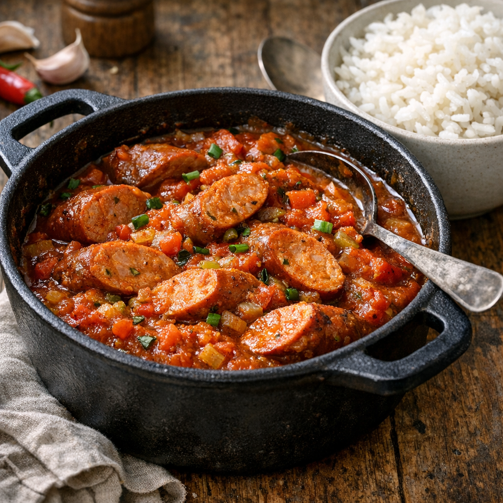 Je prépare un Rougail saucisse gastronomique qui accroche la sauce