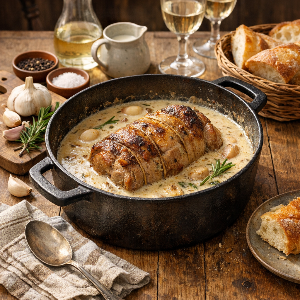 Le Rôti de porc au lait devient fondant si l’on laisse faire la sauce