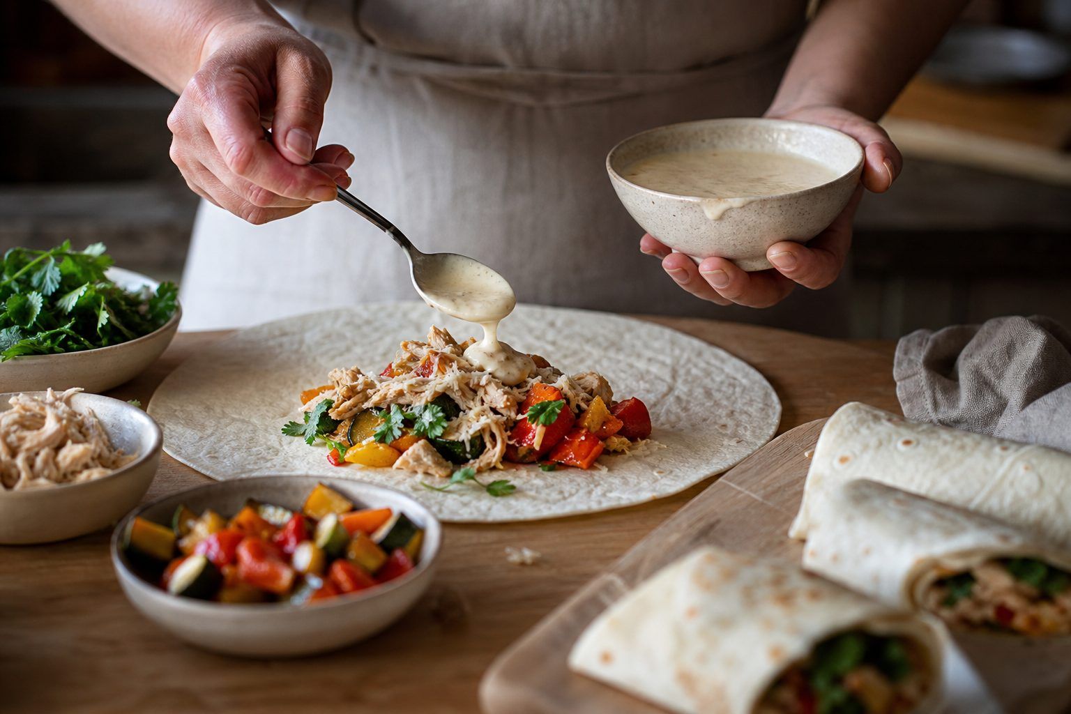 Préparation&nbsp;: doser la sauce selon la garniture et le pliage