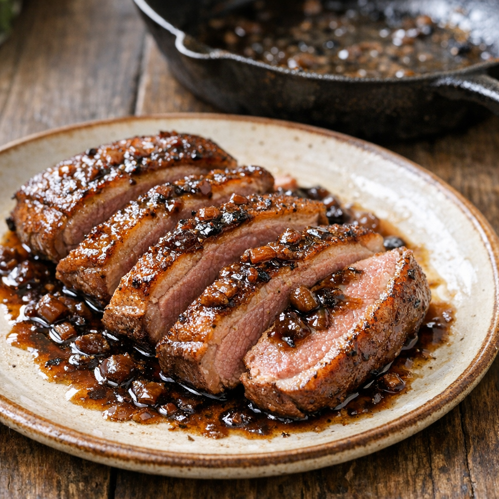 La sauce pour Magret de canard se bâtit sur les sucs