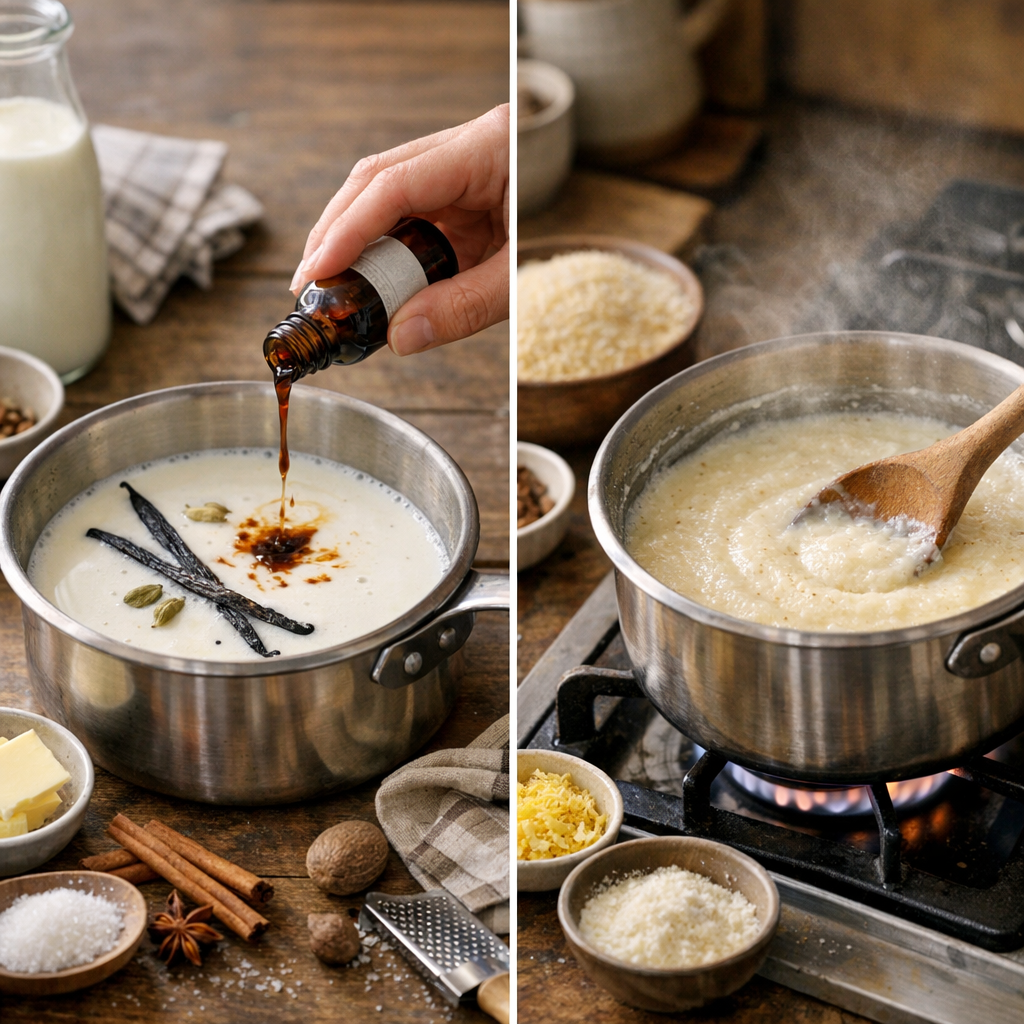 Préparation : parfumer le lait avant, puis cuire pour une texture souple