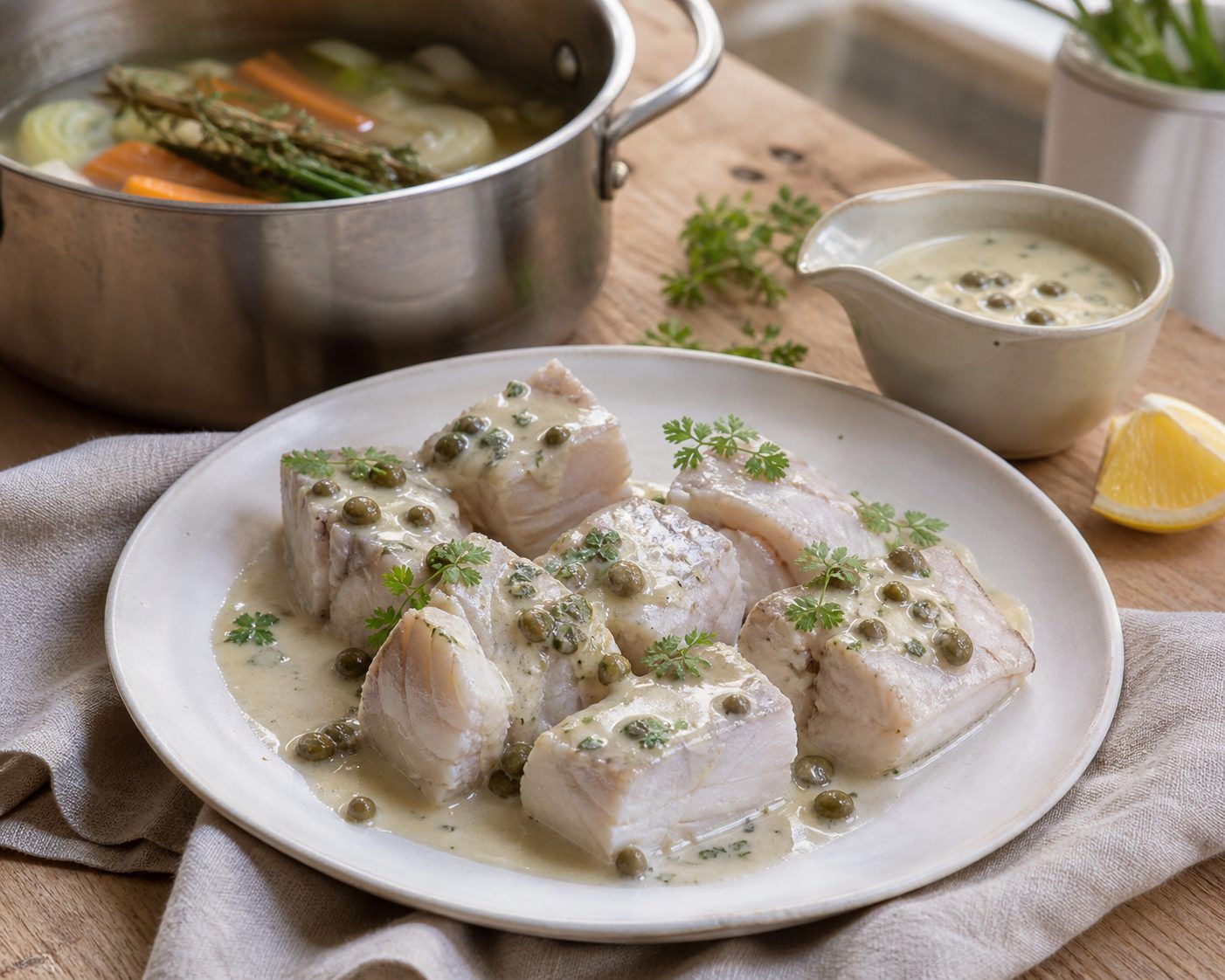 La recette de roussette au court-bouillon et sa sauce crème-câpres